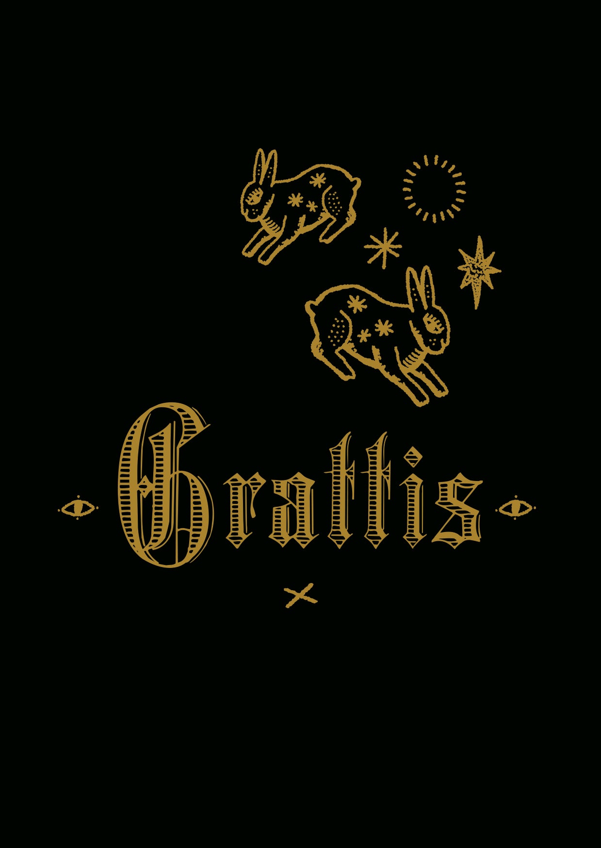 Grattis vykort enkelsidigt födelsedagskort, matt svart design med kaniner, stjärnor och antikt typsnitt. Wild & Arrow Design.
